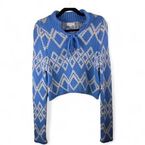 LA Hearts Sweater XS Blue White Knit Crop Tie Neck Diamond Pattern Soft Y2K Cozy